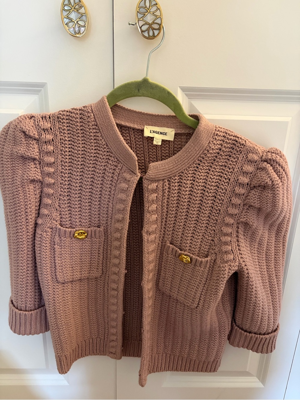 L'AGENCE Dusty Mauve Knit Cardigan with Gold Buttons